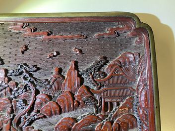 A pair of Chinese black and red cinnabar lacquer square dishes, Qianlong mark and of the period